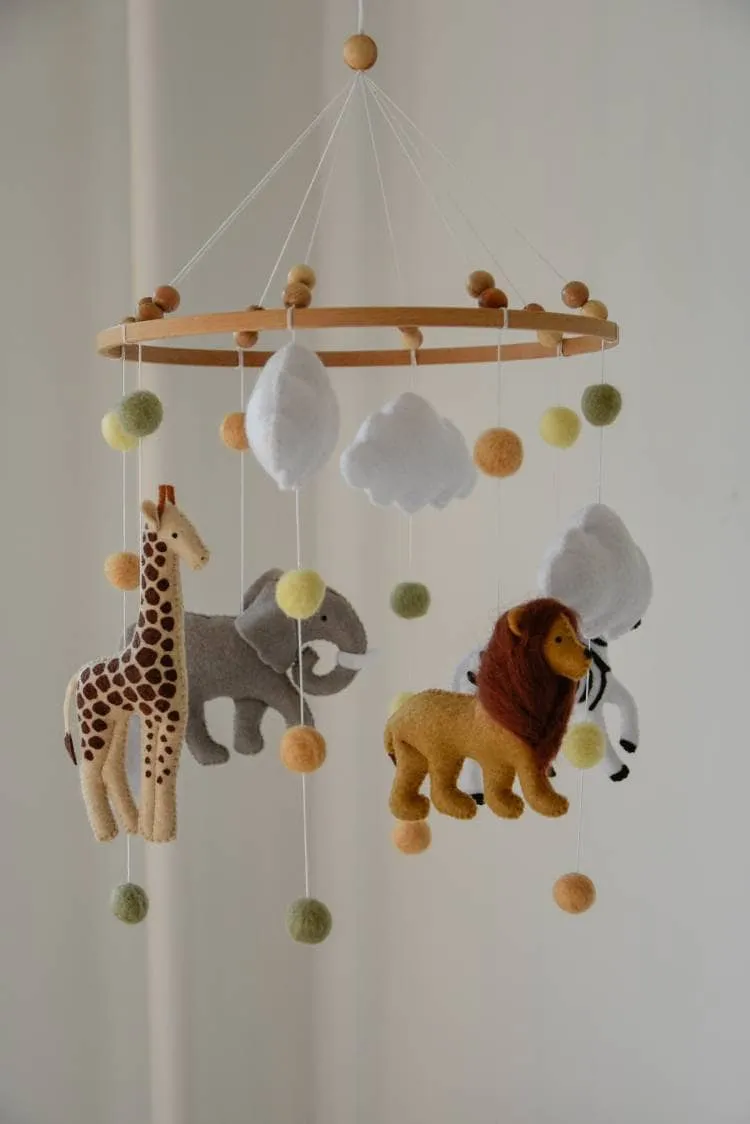 Safari mobile with felted balls cloud elephant giraffe zebra lion