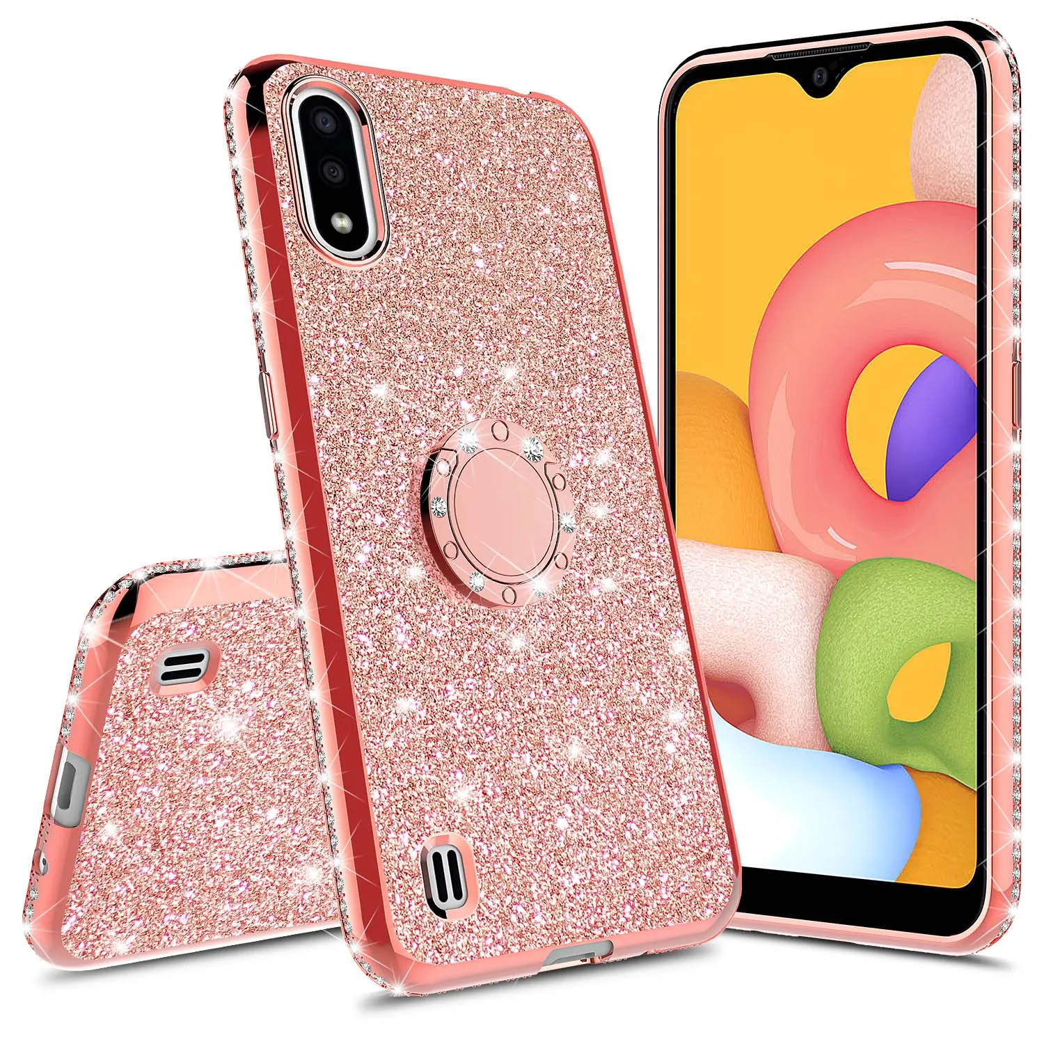 Samsung Galaxy A01 Case, Glitter Cute Phone Case Girls with Kickstand,Bling Diamond Rhinestone Bumper Ring Stand Sparkly Luxury Clear Thin Soft Protective Samsung Galaxy A01 Case for Girl Women - Rose Gold