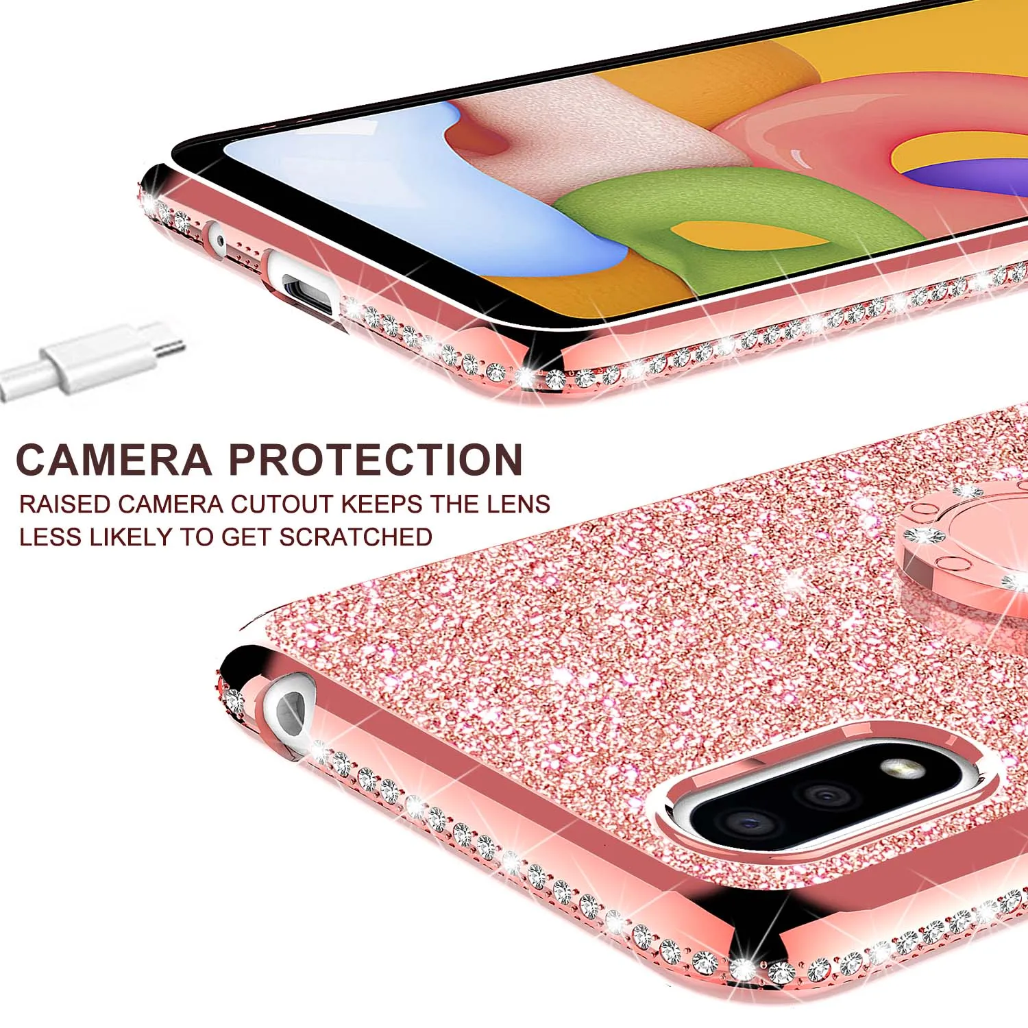 Samsung Galaxy A01 Case, Glitter Cute Phone Case Girls with Kickstand,Bling Diamond Rhinestone Bumper Ring Stand Sparkly Luxury Clear Thin Soft Protective Samsung Galaxy A01 Case for Girl Women - Rose Gold