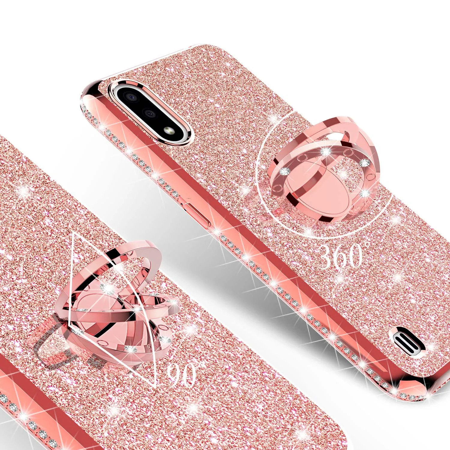 Samsung Galaxy A01 Case, Glitter Cute Phone Case Girls with Kickstand,Bling Diamond Rhinestone Bumper Ring Stand Sparkly Luxury Clear Thin Soft Protective Samsung Galaxy A01 Case for Girl Women - Rose Gold