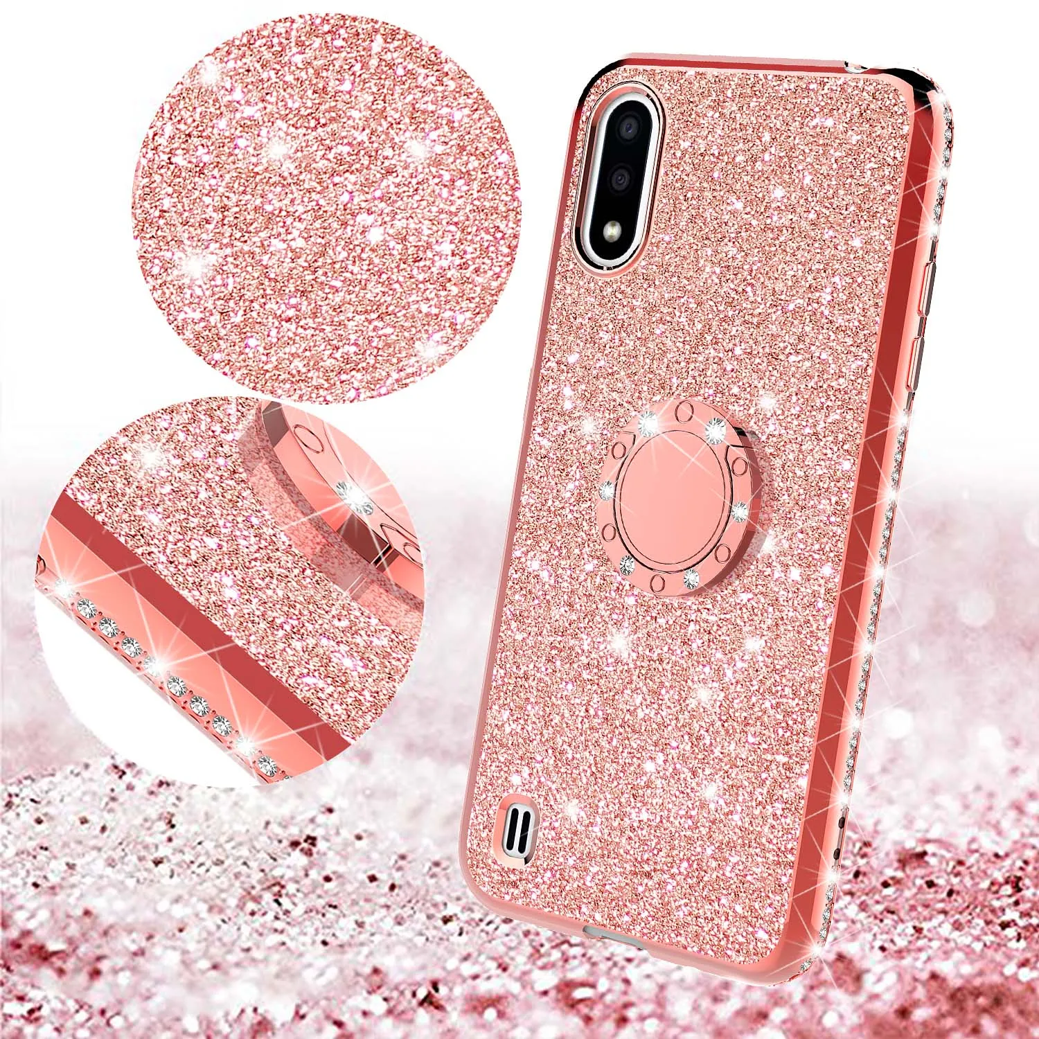 Samsung Galaxy A01 Case, Glitter Cute Phone Case Girls with Kickstand,Bling Diamond Rhinestone Bumper Ring Stand Sparkly Luxury Clear Thin Soft Protective Samsung Galaxy A01 Case for Girl Women - Rose Gold