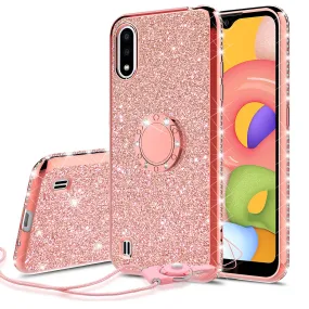 Samsung Galaxy A01 Case, Glitter Cute Phone Case Girls with Kickstand,Bling Diamond Rhinestone Bumper Ring Stand Sparkly Luxury Clear Thin Soft Protective Samsung Galaxy A01 Case for Girl Women - Rose Gold