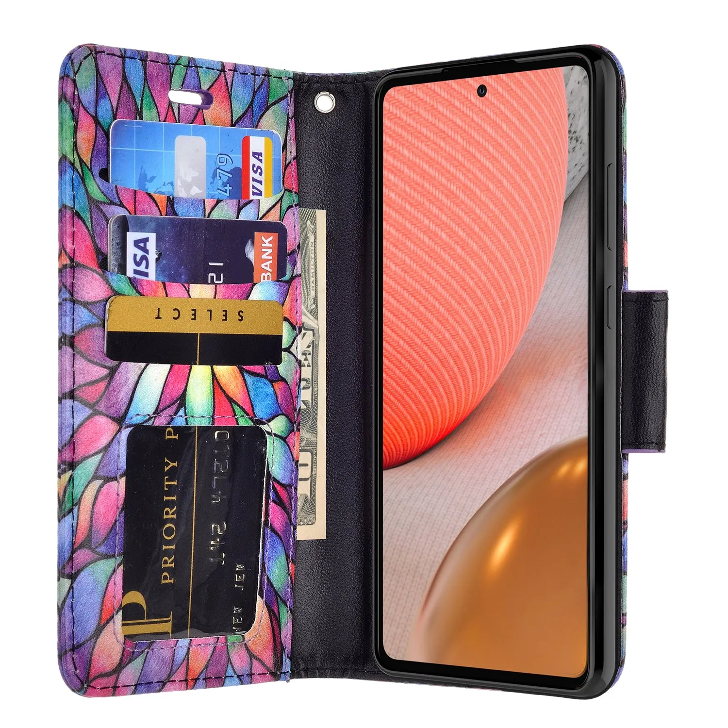 Samsung Galaxy A02s Case, Galaxy A02s Wallet Case, Wrist Strap Pu Leather Wallet Case [Kickstand] with ID & Credit Card Slots - Rainbow Flower