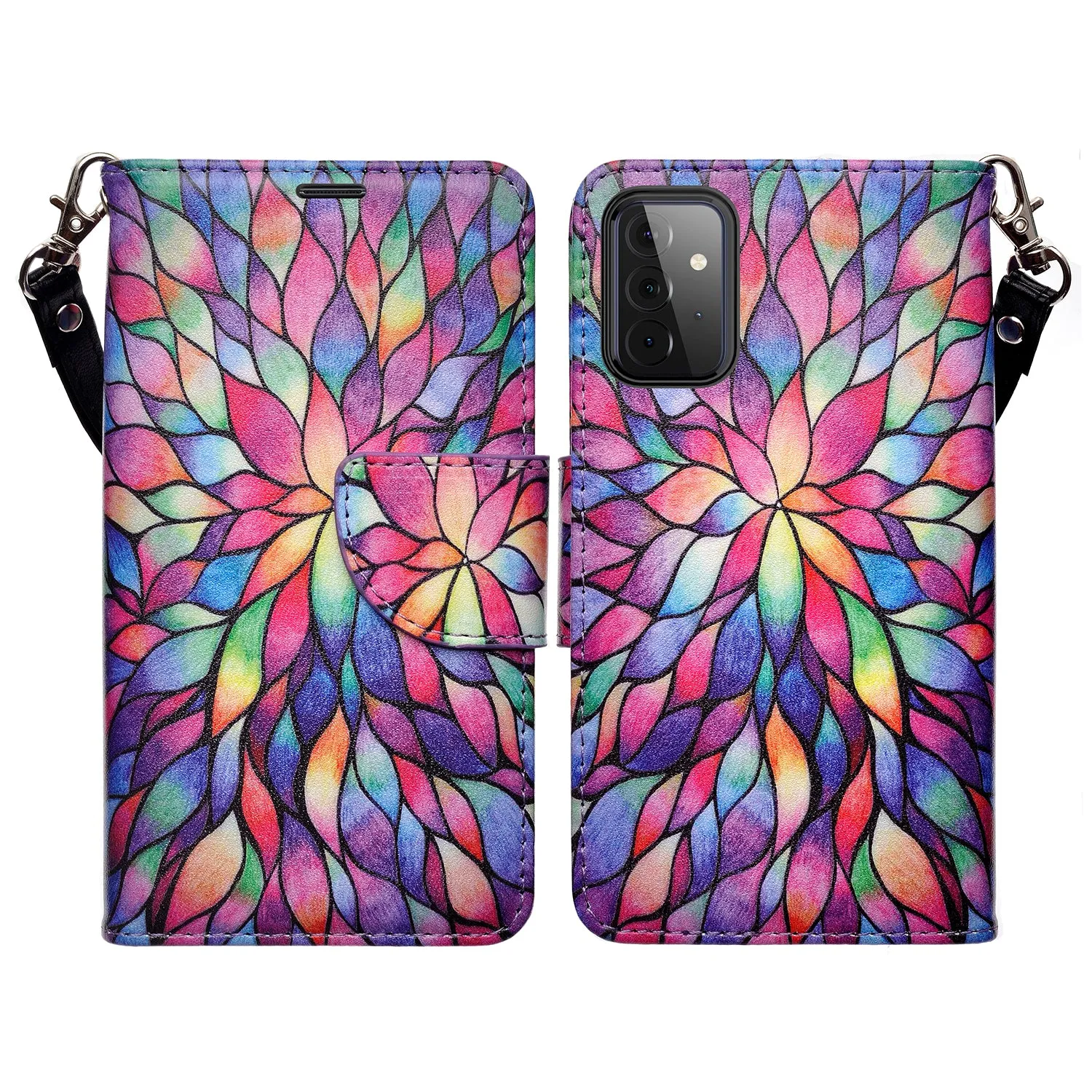 Samsung Galaxy A02s Case, Galaxy A02s Wallet Case, Wrist Strap Pu Leather Wallet Case [Kickstand] with ID & Credit Card Slots - Rainbow Flower