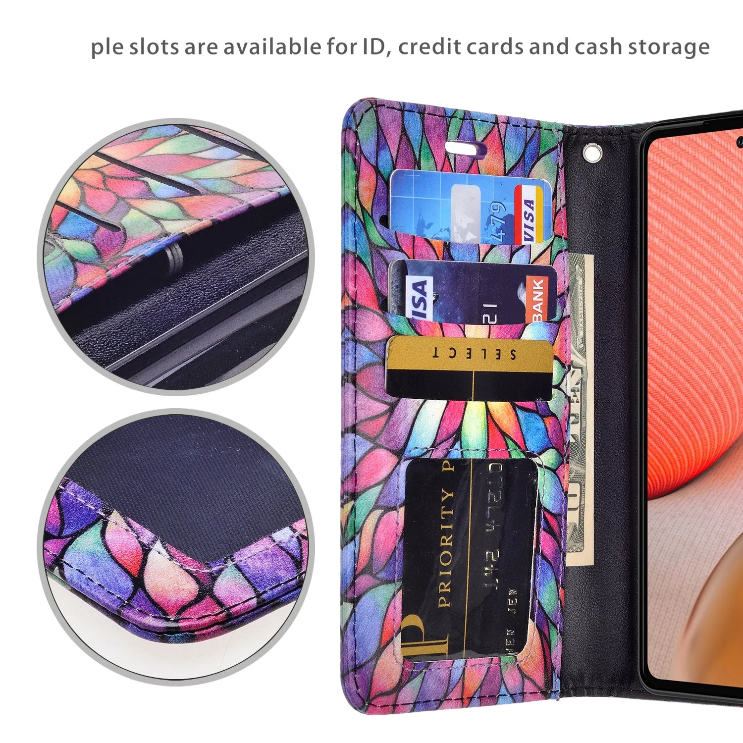 Samsung Galaxy A02s Case, Galaxy A02s Wallet Case, Wrist Strap Pu Leather Wallet Case [Kickstand] with ID & Credit Card Slots - Rainbow Flower