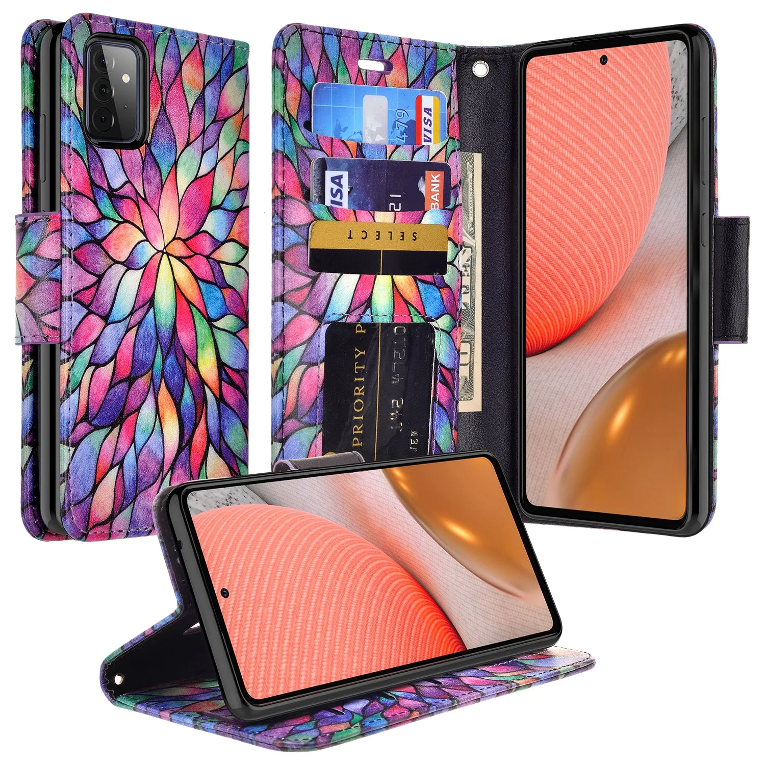 Samsung Galaxy A02s Case, Galaxy A02s Wallet Case, Wrist Strap Pu Leather Wallet Case [Kickstand] with ID & Credit Card Slots - Rainbow Flower