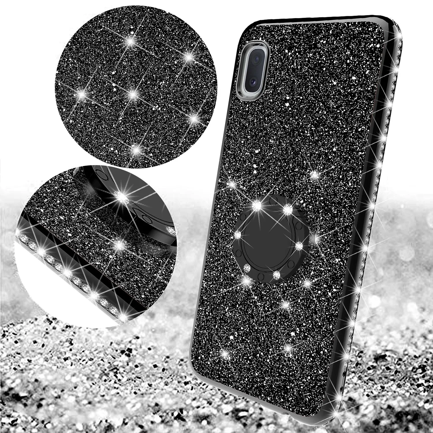 Samsung Galaxy A10e Case, Glitter Cute Phone Case Girls with Kickstand,Bling Diamond Rhinestone Bumper Ring Stand Sparkly Luxury Clear Thin Soft Protective Samsung Galaxy A10e Case for Girl Women - Black