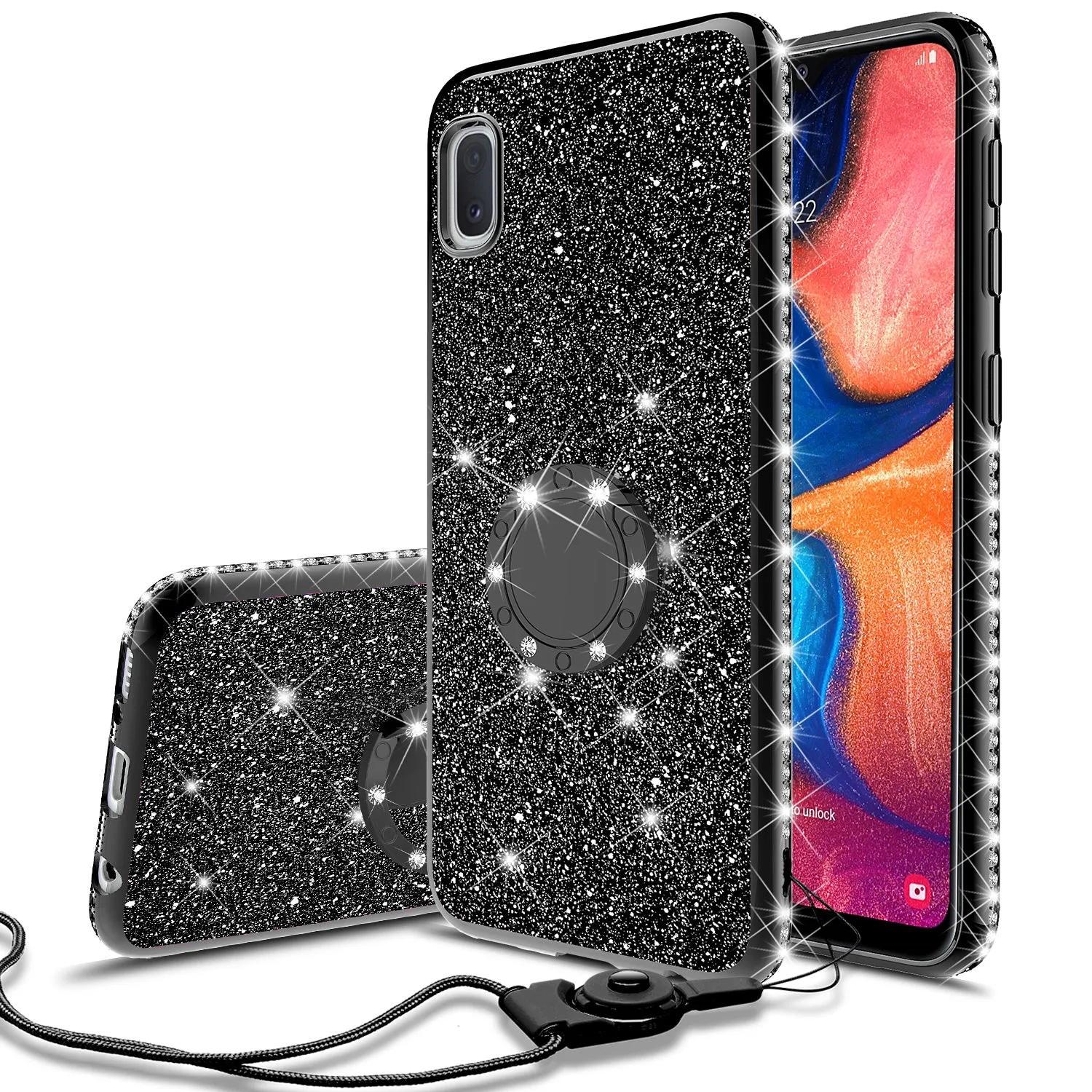 Samsung Galaxy A10e Case, Glitter Cute Phone Case Girls with Kickstand,Bling Diamond Rhinestone Bumper Ring Stand Sparkly Luxury Clear Thin Soft Protective Samsung Galaxy A10e Case for Girl Women - Black