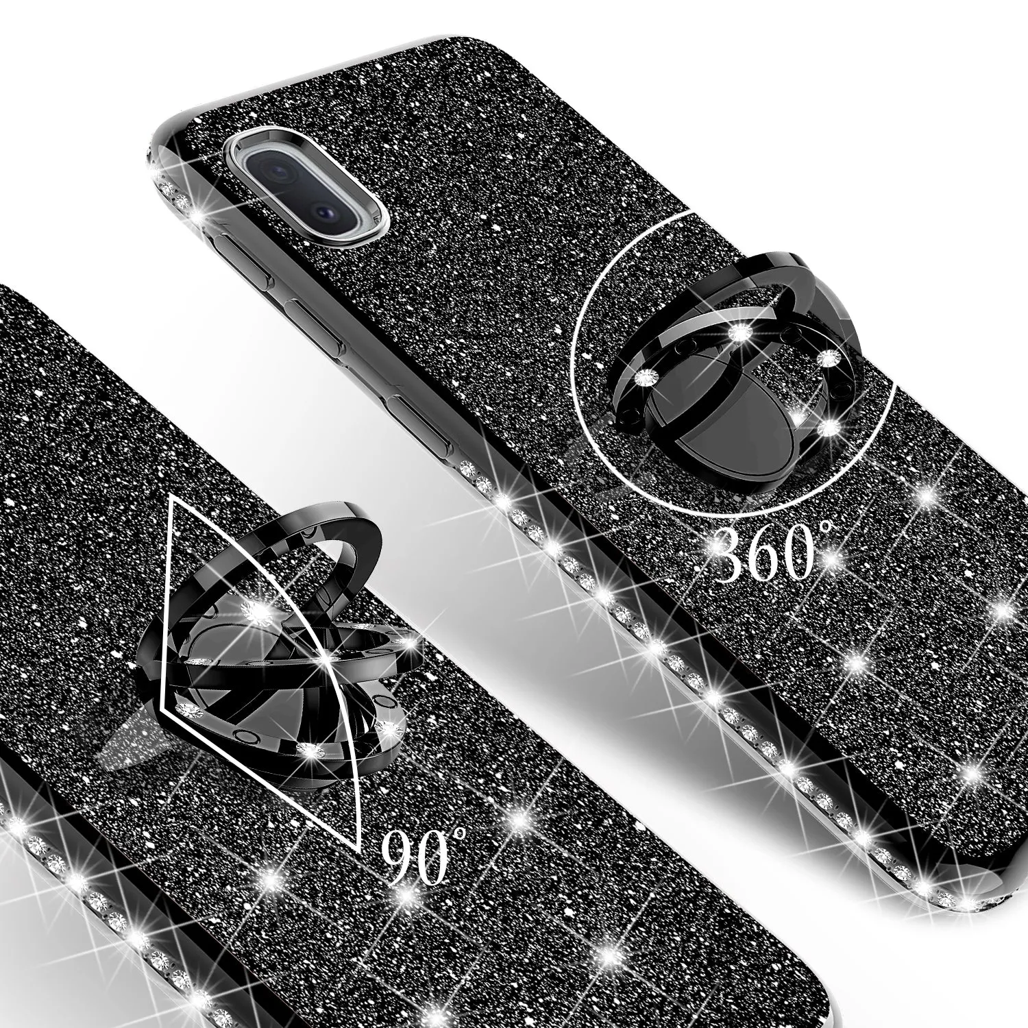 Samsung Galaxy A10e Case, Glitter Cute Phone Case Girls with Kickstand,Bling Diamond Rhinestone Bumper Ring Stand Sparkly Luxury Clear Thin Soft Protective Samsung Galaxy A10e Case for Girl Women - Black