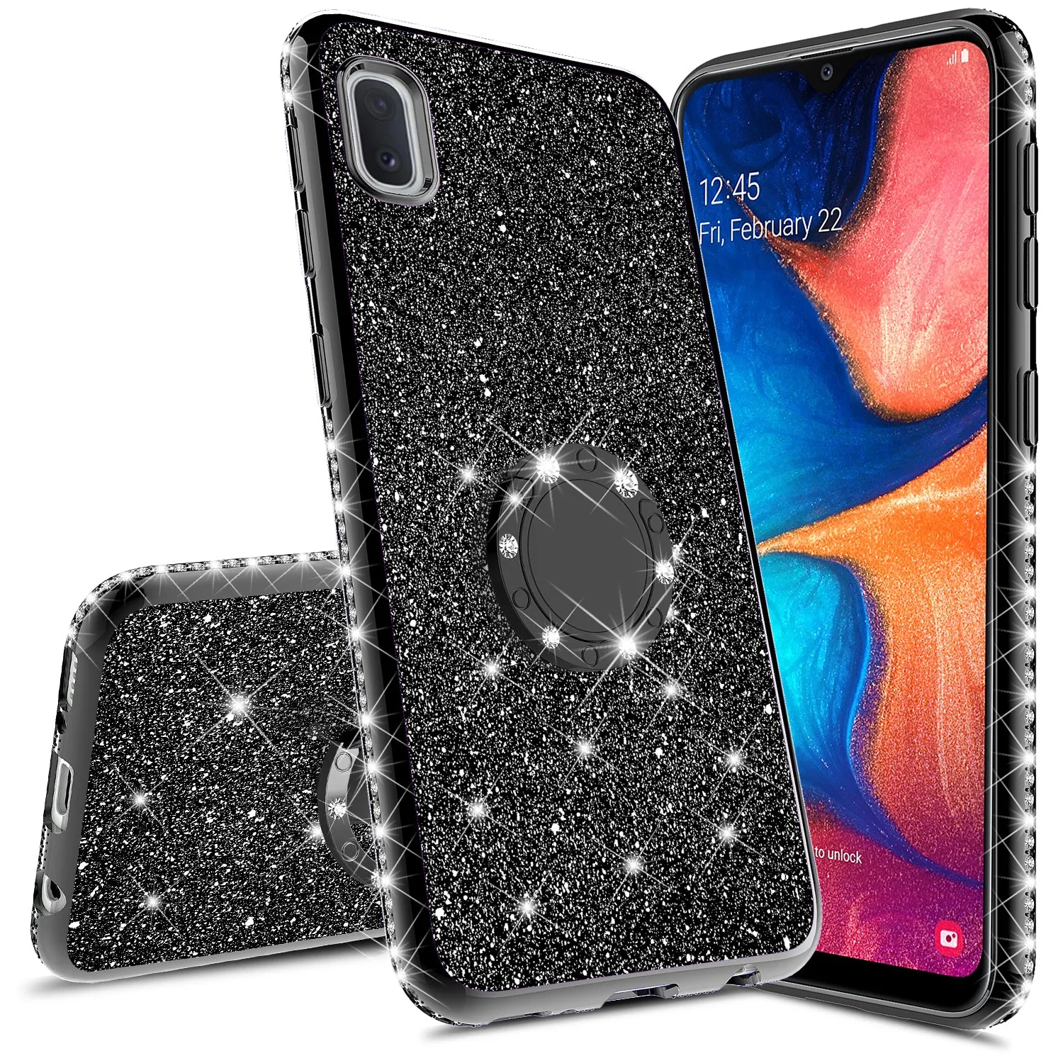 Samsung Galaxy A10e Case, Glitter Cute Phone Case Girls with Kickstand,Bling Diamond Rhinestone Bumper Ring Stand Sparkly Luxury Clear Thin Soft Protective Samsung Galaxy A10e Case for Girl Women - Black