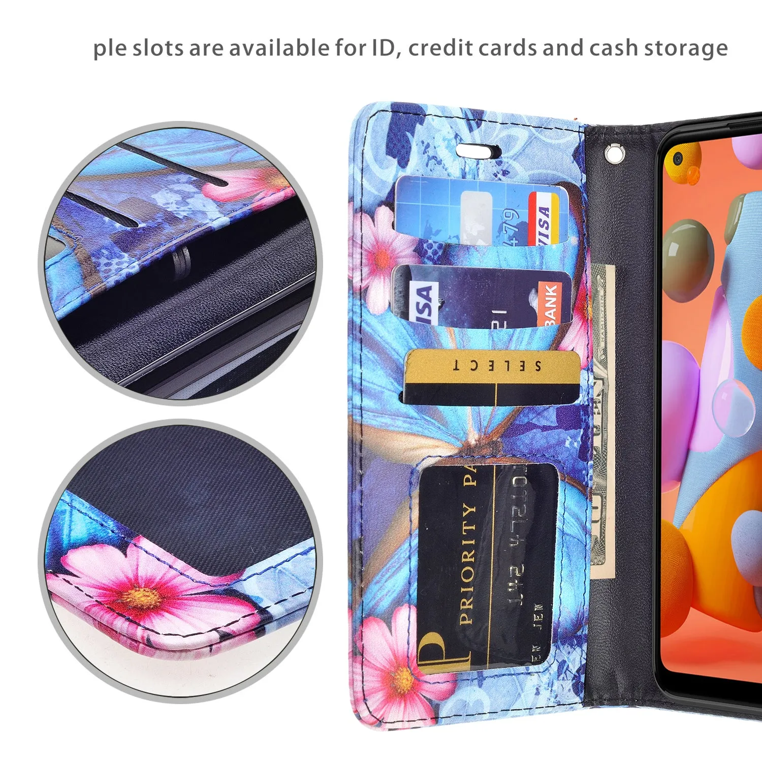 Samsung Galaxy A11 Case, Galaxy A11 Wallet Case, Wrist Strap Pu Leather Wallet Case [Kickstand] with ID & Credit Card Slots - Blue Butterfly