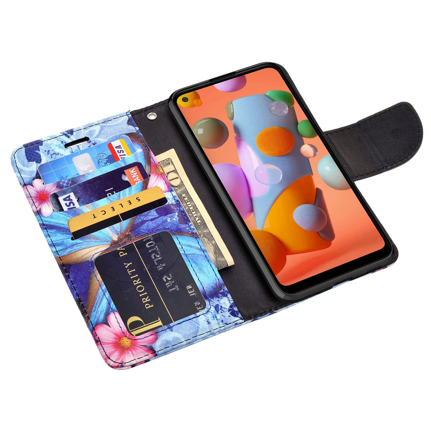 Samsung Galaxy A11 Case, Galaxy A11 Wallet Case, Wrist Strap Pu Leather Wallet Case [Kickstand] with ID & Credit Card Slots - Blue Butterfly