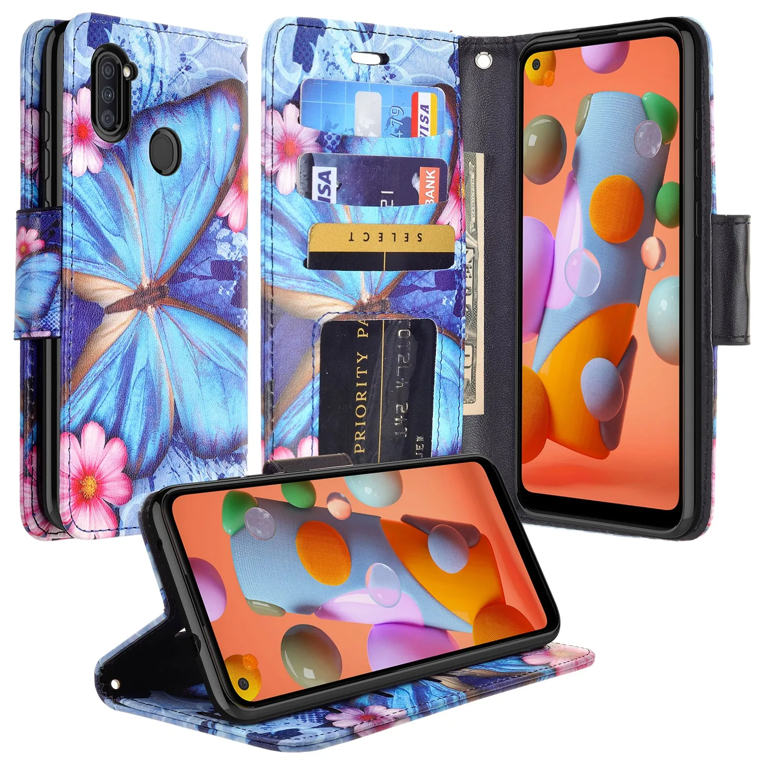 Samsung Galaxy A11 Case, Galaxy A11 Wallet Case, Wrist Strap Pu Leather Wallet Case [Kickstand] with ID & Credit Card Slots - Blue Butterfly