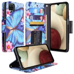 Samsung Galaxy A12 Case, Galaxy A12 Wallet Case, Wrist Strap Pu Leather Wallet Case [Kickstand] with ID & Credit Card Slots - Blue Butterfly