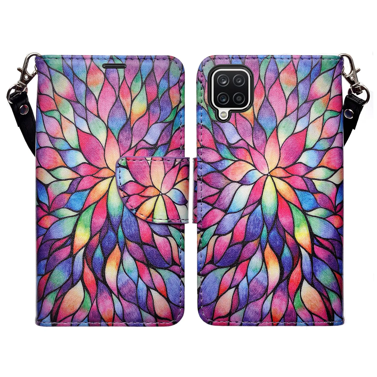 Samsung Galaxy A42 5G Case, Galaxy A42 5G Wallet Case, Wrist Strap Pu Leather Wallet Case [Kickstand] with ID & Credit Card Slots - Rainbow Flower