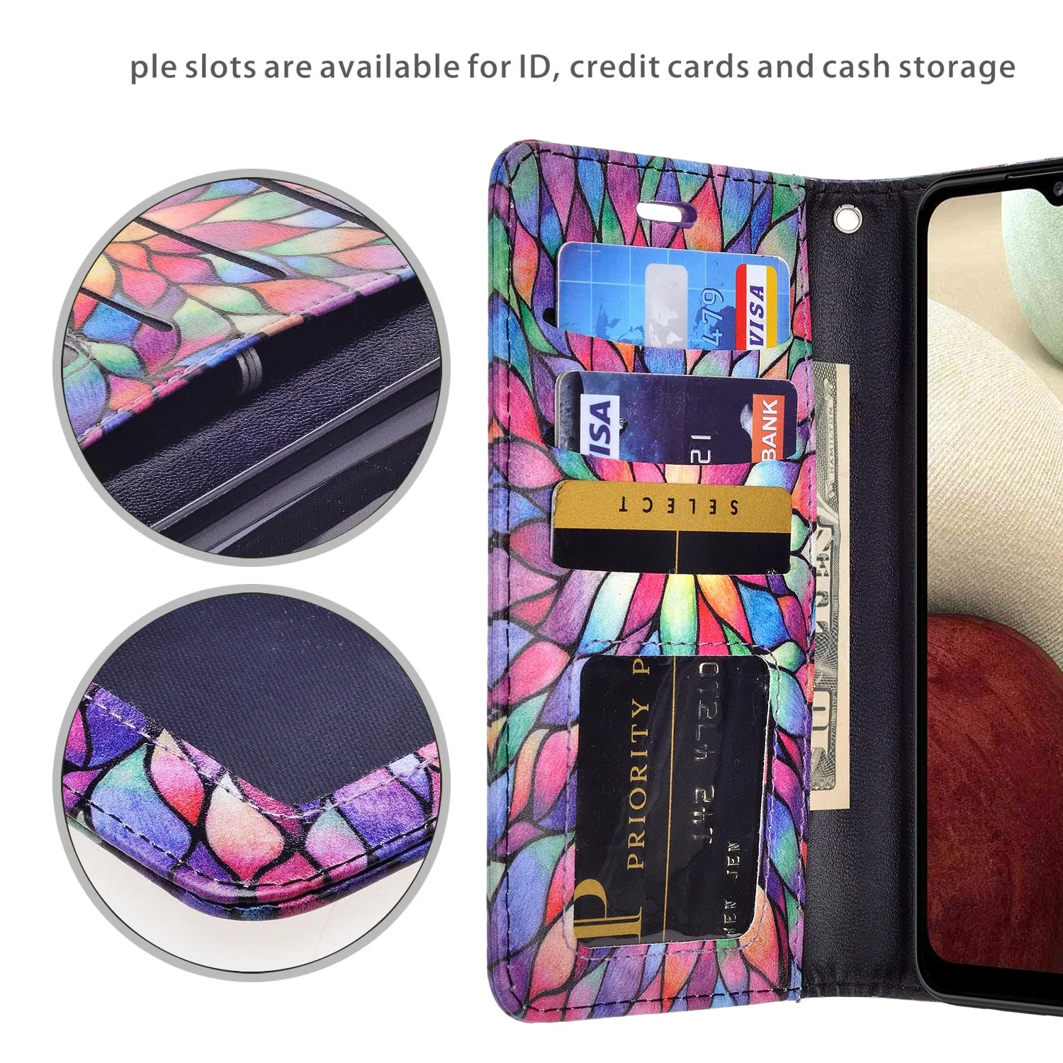 Samsung Galaxy A42 5G Case, Galaxy A42 5G Wallet Case, Wrist Strap Pu Leather Wallet Case [Kickstand] with ID & Credit Card Slots - Rainbow Flower