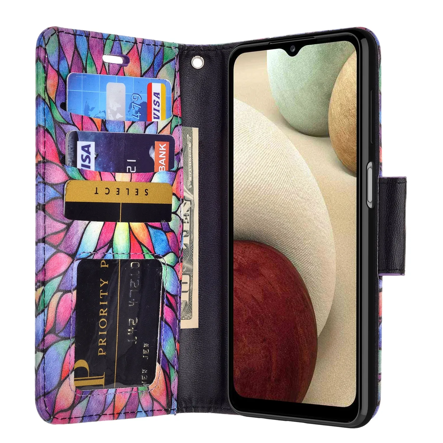 Samsung Galaxy A42 5G Case, Galaxy A42 5G Wallet Case, Wrist Strap Pu Leather Wallet Case [Kickstand] with ID & Credit Card Slots - Rainbow Flower