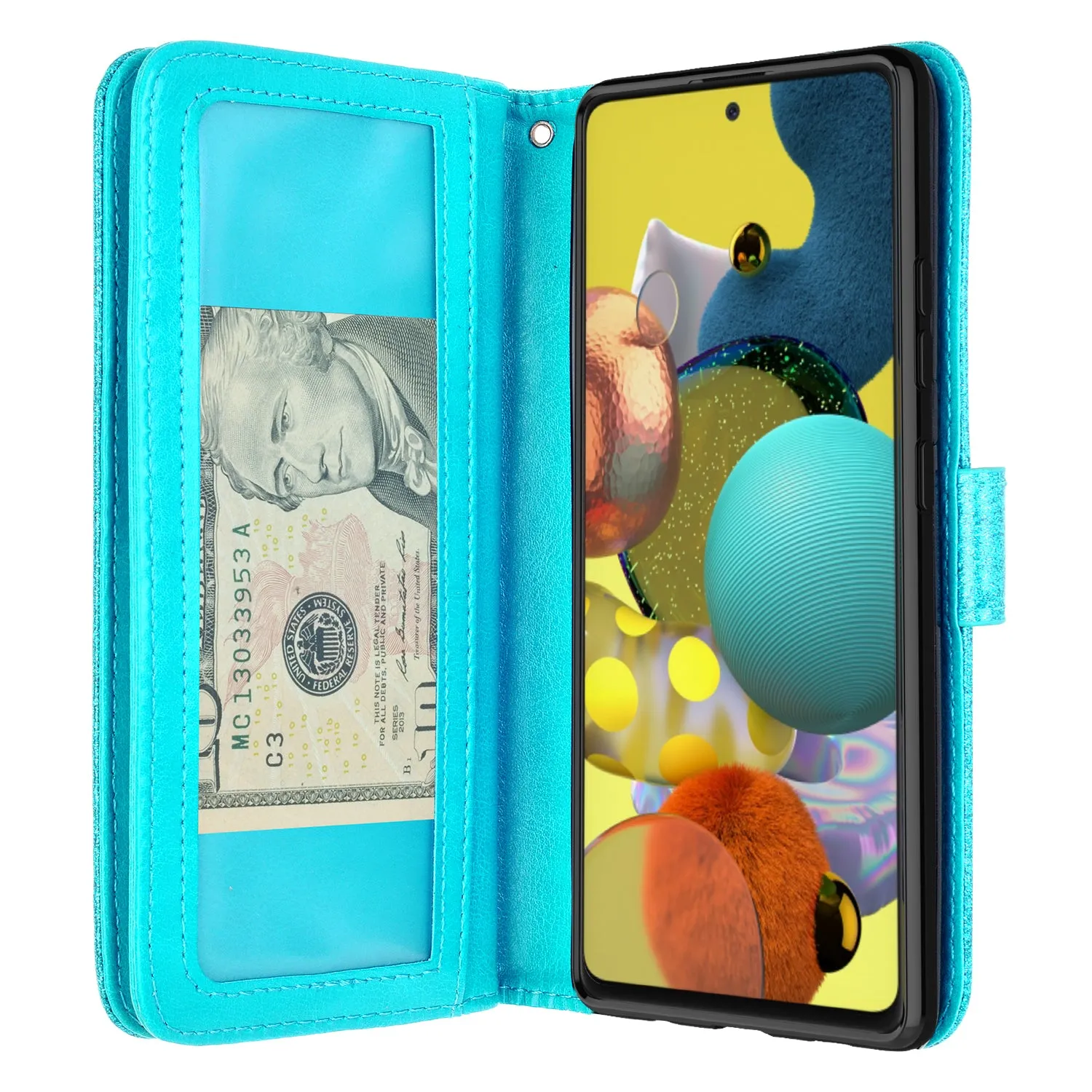 Samsung Galaxy A71 5G Case, Galaxy A71 5G Case, Glitter Faux Leather Flip Credit Card Holder Wrist Strap Shockproof Protective Wallet Case Clutch for Galaxy A71 5G - Teal