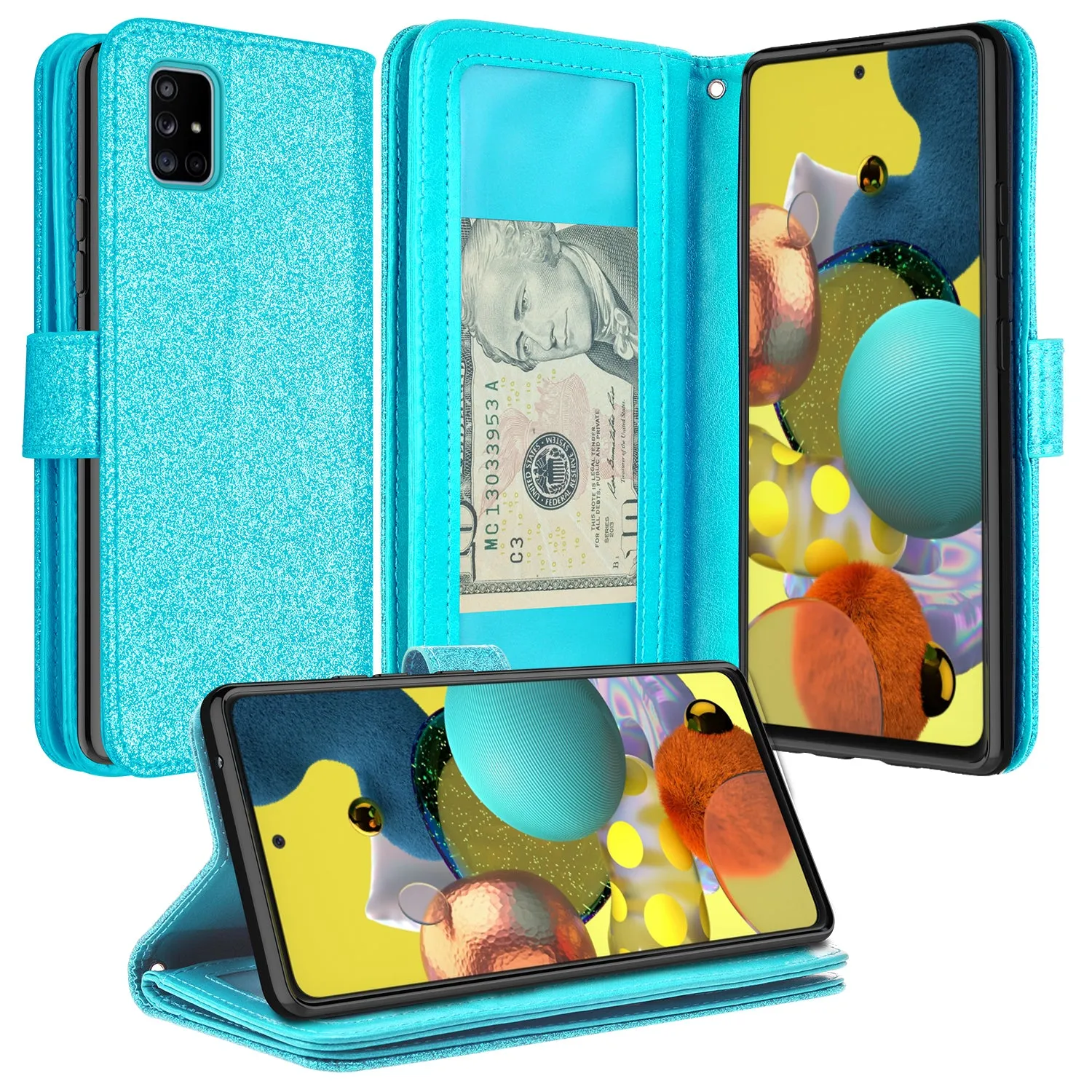 Samsung Galaxy A71 5G Case, Galaxy A71 5G Case, Glitter Faux Leather Flip Credit Card Holder Wrist Strap Shockproof Protective Wallet Case Clutch for Galaxy A71 5G - Teal