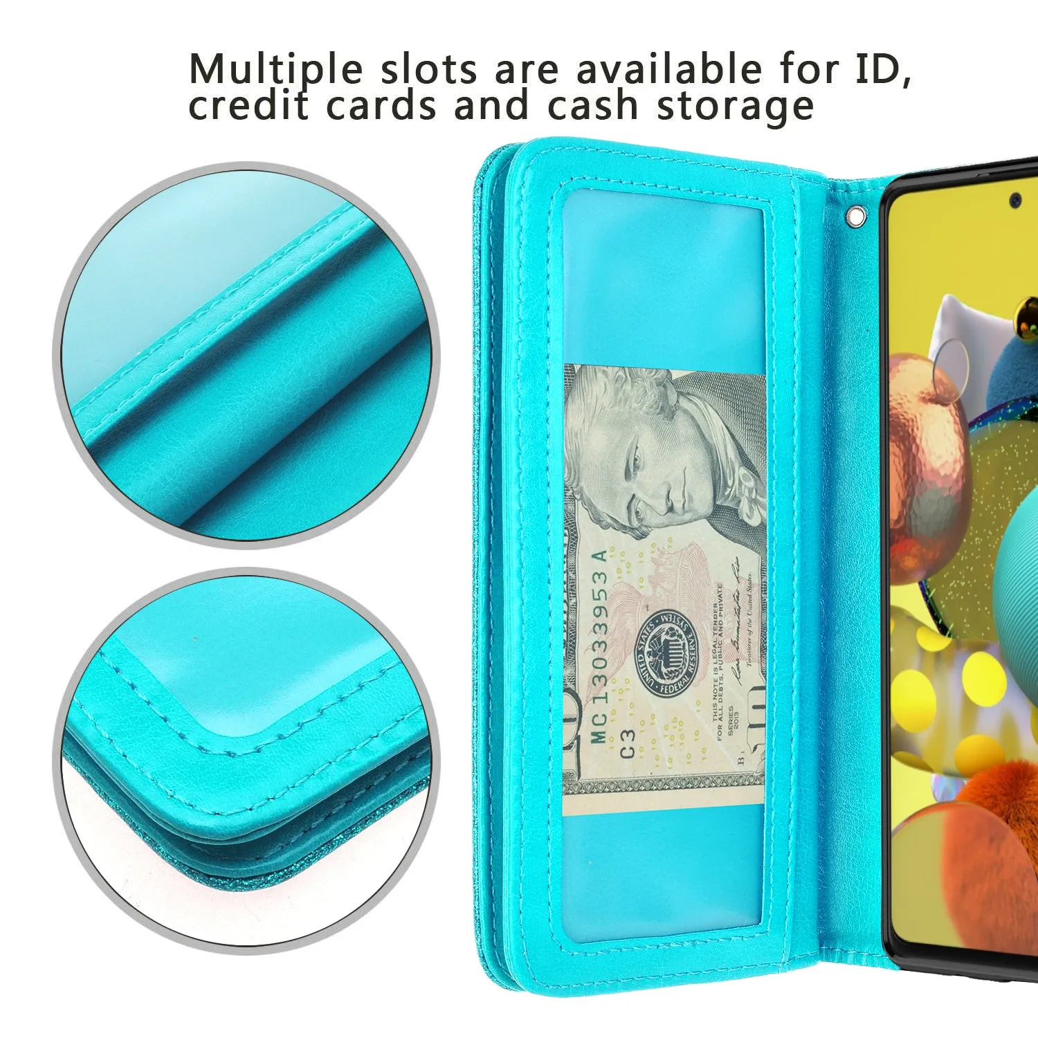 Samsung Galaxy A71 5G Case, Galaxy A71 5G Case, Glitter Faux Leather Flip Credit Card Holder Wrist Strap Shockproof Protective Wallet Case Clutch for Galaxy A71 5G - Teal