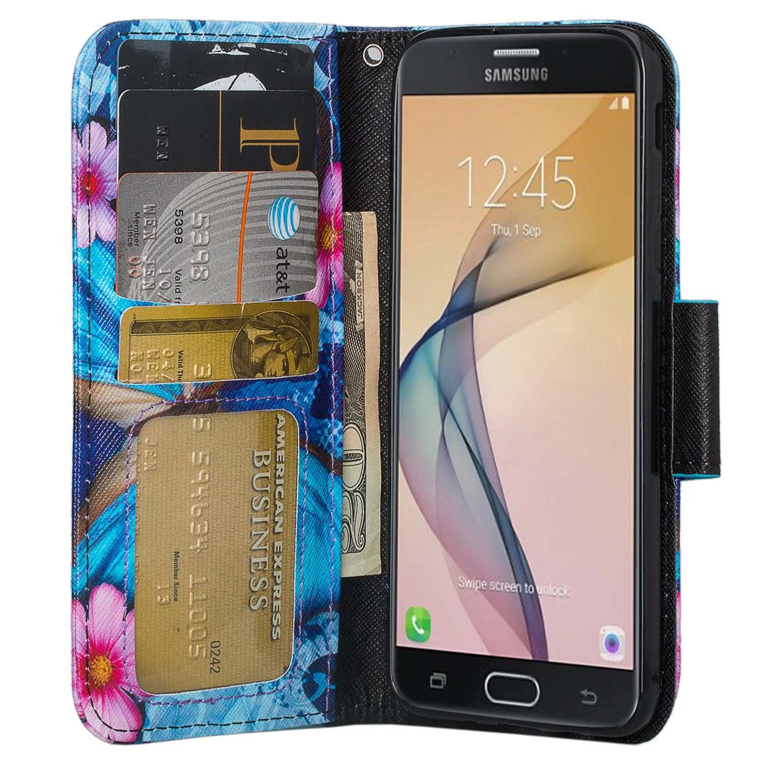 Samsung  Galaxy J5 Prime Case, Wrist Strap Magnetic Fold[Kickstand] Pu Leather Wallet Case with ID & Credit Card Slots for Samsung  Galaxy J5 Prime - Blue Butterfly