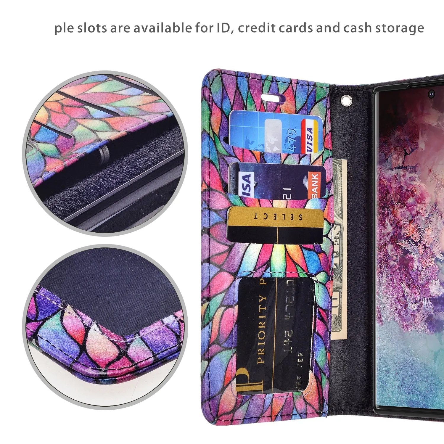 Samsung Galaxy Note 10 Case, Galaxy Note 10 Wallet Case, Wrist Strap Pu Leather Wallet Case [Kickstand] with ID & Credit Card Slots - Rainbow Flower