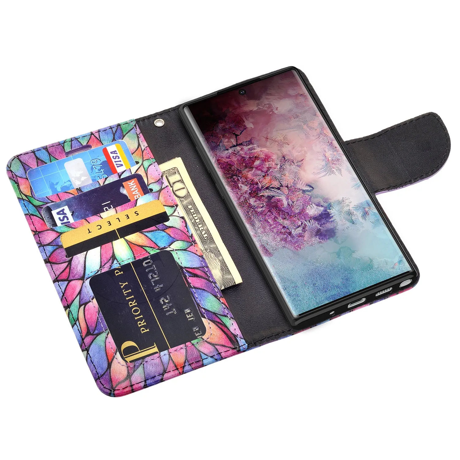 Samsung Galaxy Note 10 Case, Galaxy Note 10 Wallet Case, Wrist Strap Pu Leather Wallet Case [Kickstand] with ID & Credit Card Slots - Rainbow Flower