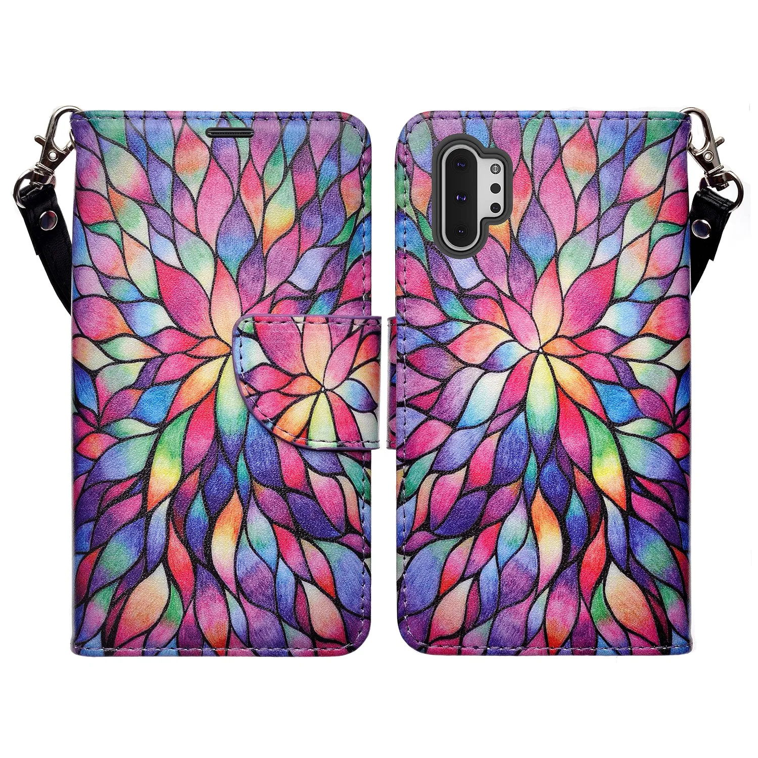 Samsung Galaxy Note 10 Case, Galaxy Note 10 Wallet Case, Wrist Strap Pu Leather Wallet Case [Kickstand] with ID & Credit Card Slots - Rainbow Flower