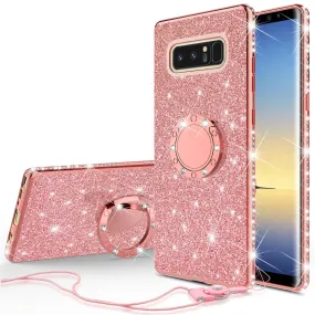 Samsung Galaxy Note 8 Case, Glitter Cute Phone Case Girls with Kickstand,Bling Diamond Rhinestone Bumper Ring Stand Sparkly Luxury Clear Thin Soft Protective Samsung Galaxy Note 8 Case for Girl Women - Rose Gold