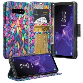 Samsung Galaxy S10 Case, Galaxy S10 Wallet Case, Wrist Strap Pu Leather Wallet Case [Kickstand] with ID & Credit Card Slots - Rainbow Flower