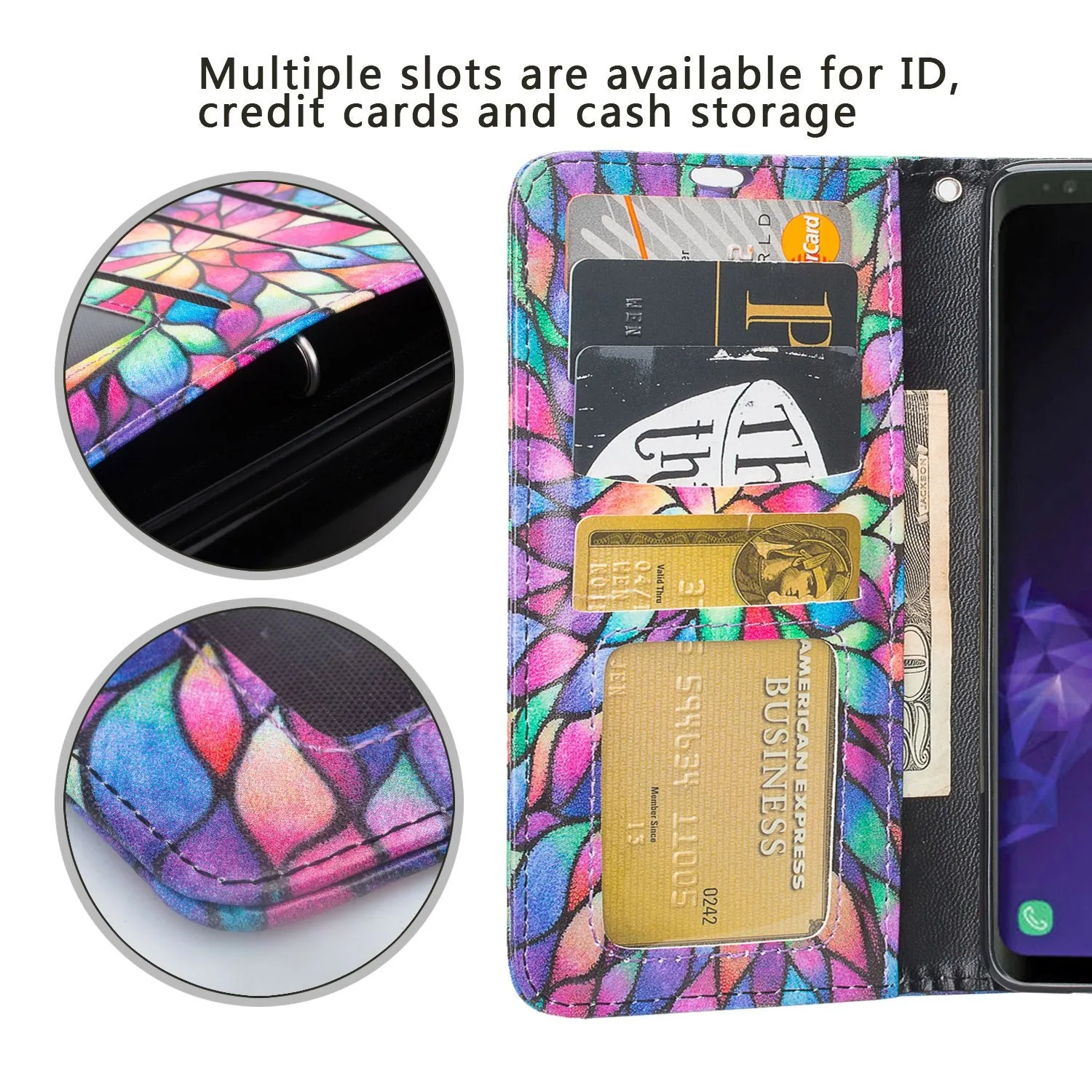 Samsung Galaxy S10 Case, Galaxy S10 Wallet Case, Wrist Strap Pu Leather Wallet Case [Kickstand] with ID & Credit Card Slots - Rainbow Flower