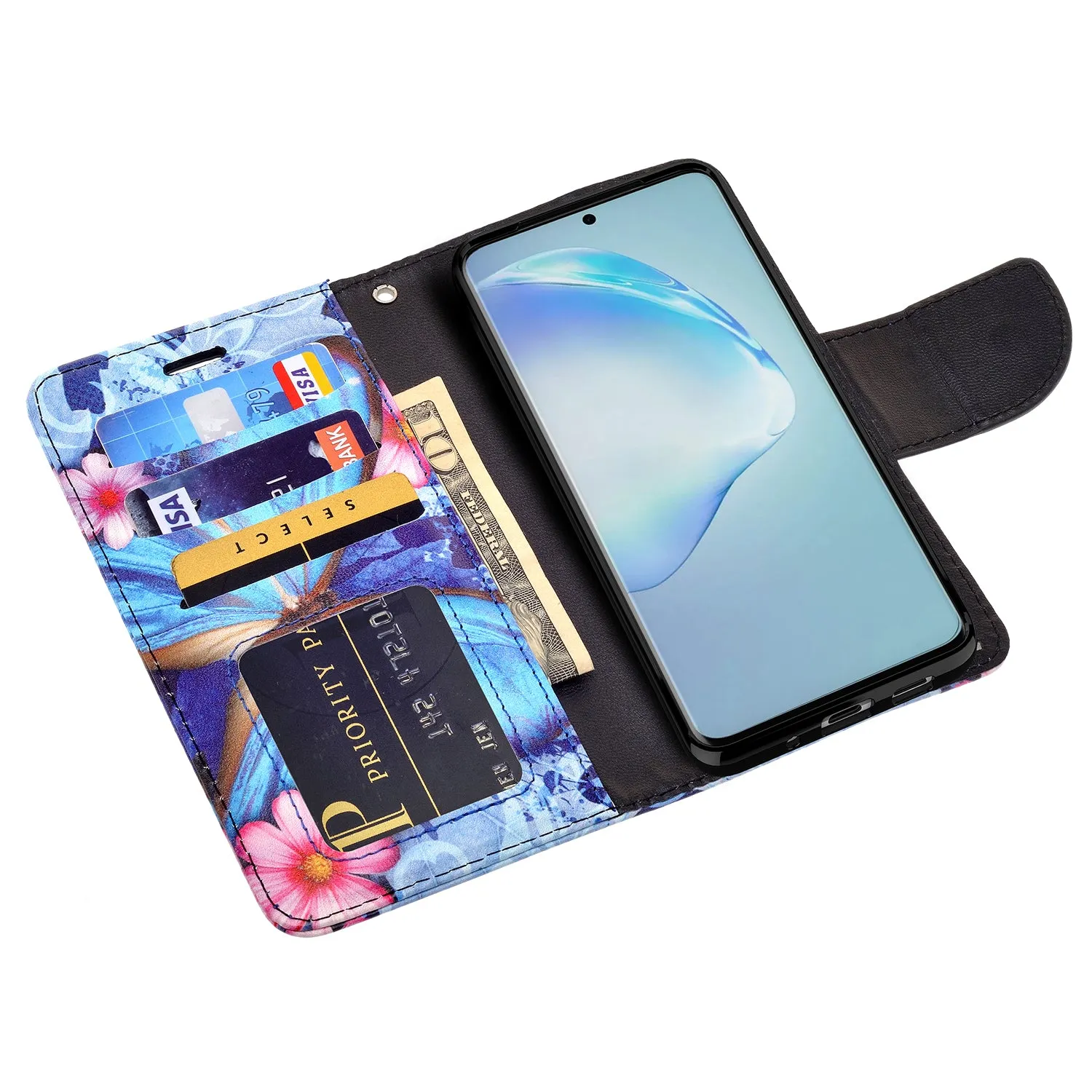 Samsung Galaxy S20  Case, Samsung Galaxy S20 Plus Wallet Case, Wrist Strap Pu Leather Wallet Case [Kickstand] with ID & Credit Card Slots - Blue Butterfly