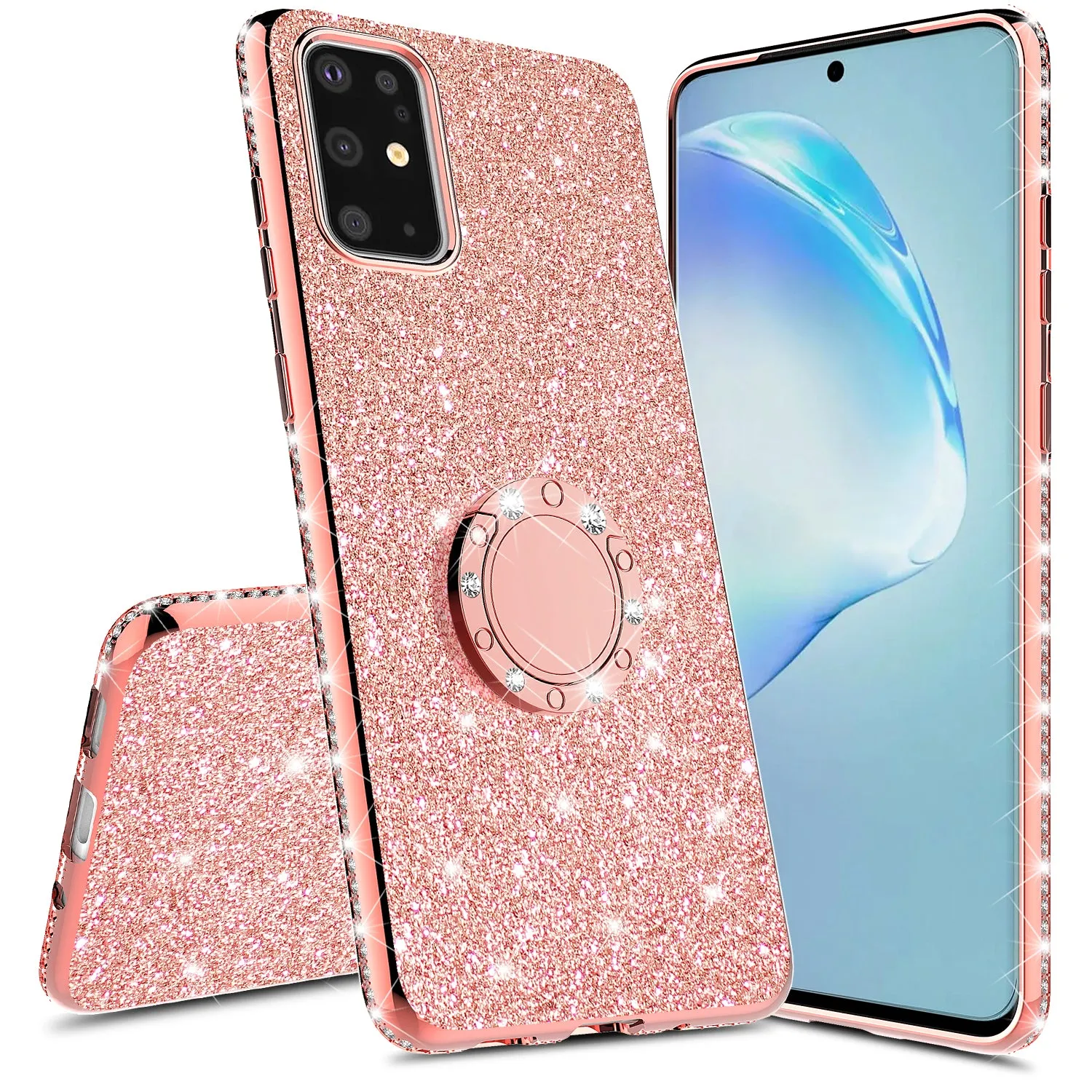 Samsung Galaxy S20 Ultra Case, Glitter Cute Phone Case Girls with Kickstand,Bling Diamond Rhinestone Bumper Ring Stand Sparkly Luxury Clear Thin Soft Protective Samsung Galaxy S20 Ultra Case for Girl Women - Rose Gold