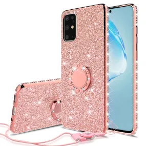 Samsung Galaxy S20 Ultra Case, Glitter Cute Phone Case Girls with Kickstand,Bling Diamond Rhinestone Bumper Ring Stand Sparkly Luxury Clear Thin Soft Protective Samsung Galaxy S20 Ultra Case for Girl Women - Rose Gold