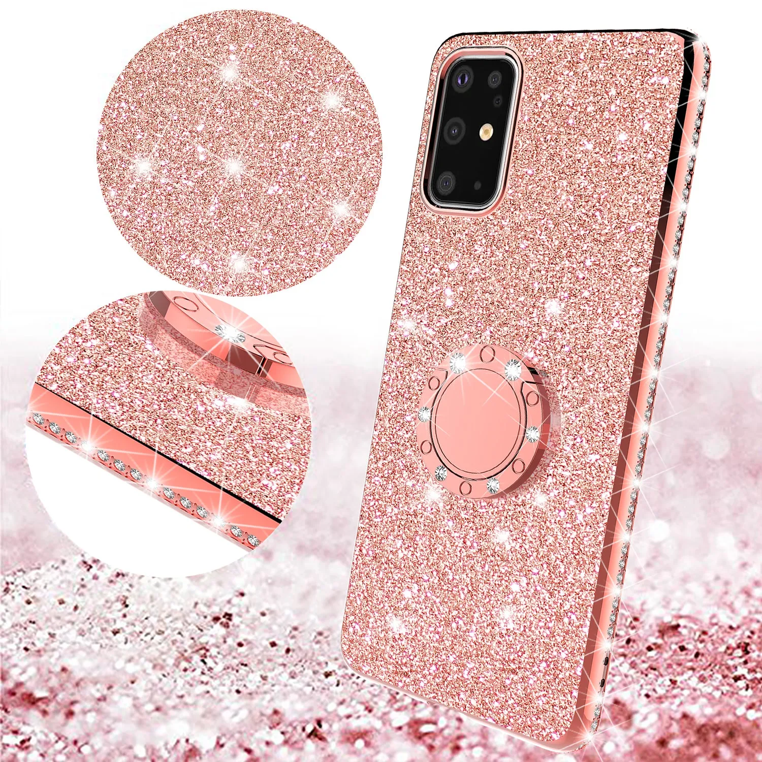 Samsung Galaxy S20 Ultra Case, Glitter Cute Phone Case Girls with Kickstand,Bling Diamond Rhinestone Bumper Ring Stand Sparkly Luxury Clear Thin Soft Protective Samsung Galaxy S20 Ultra Case for Girl Women - Rose Gold