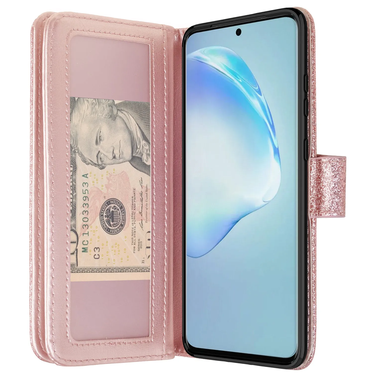 Samsung Galaxy S20 Ultra Case, Glitter Faux Leather Flip Credit Card Holder Wrist Strap Shockproof Protective Wallet Case Clutch for Galaxy S20 Ultra - Rose Gold