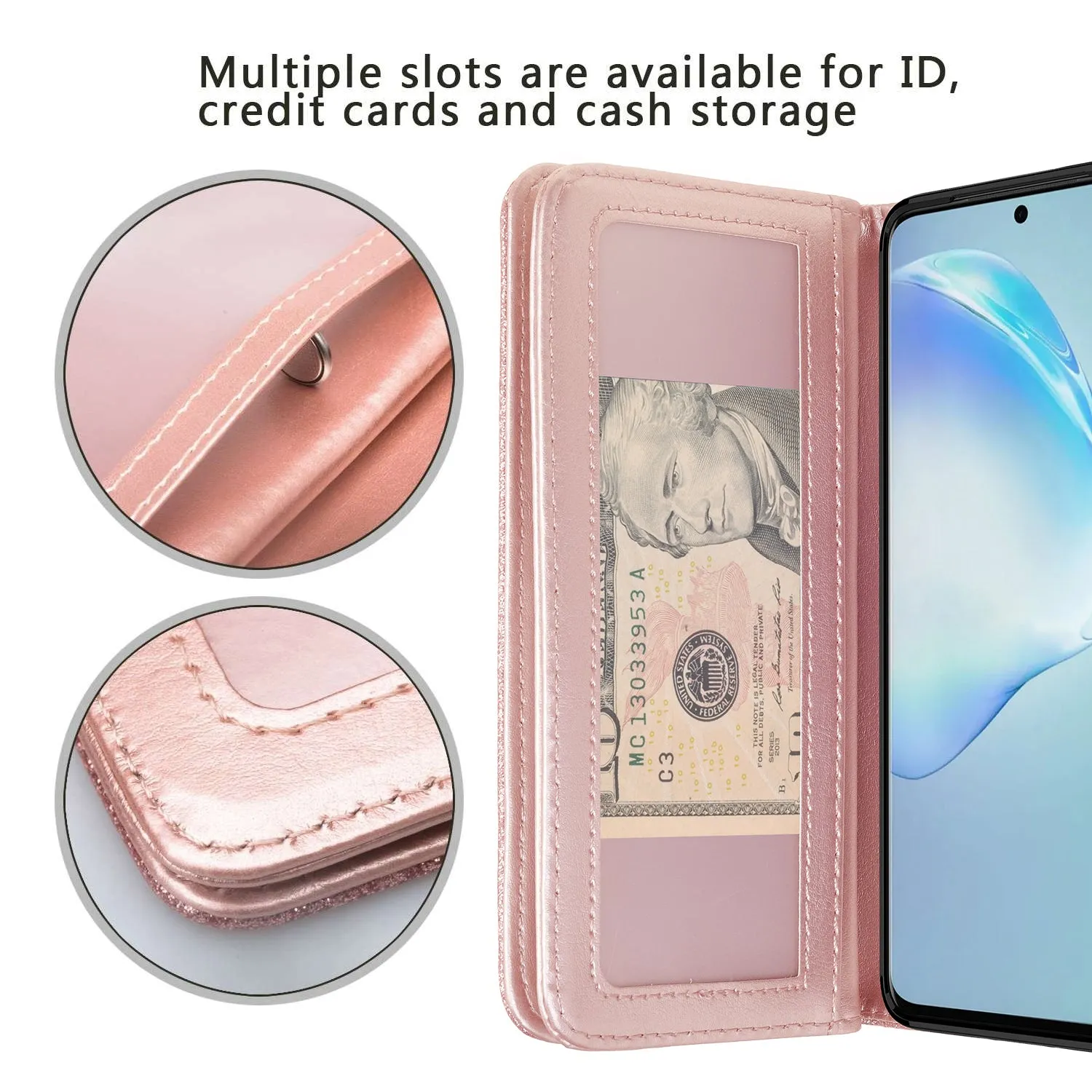 Samsung Galaxy S20 Ultra Case, Glitter Faux Leather Flip Credit Card Holder Wrist Strap Shockproof Protective Wallet Case Clutch for Galaxy S20 Ultra - Rose Gold