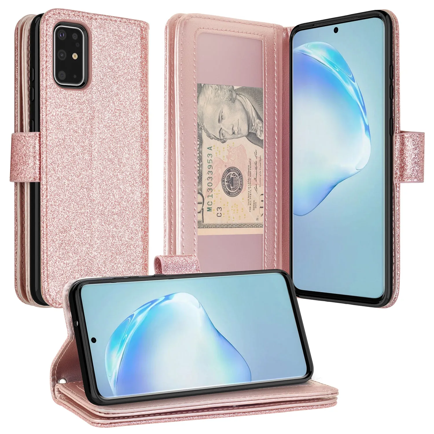 Samsung Galaxy S20 Ultra Case, Glitter Faux Leather Flip Credit Card Holder Wrist Strap Shockproof Protective Wallet Case Clutch for Galaxy S20 Ultra - Rose Gold