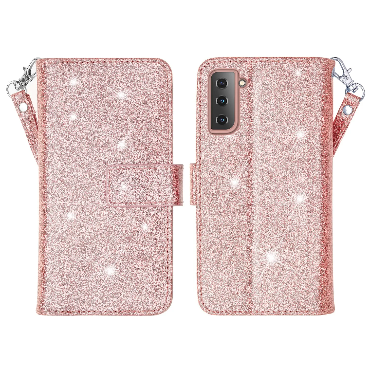 Samsung Galaxy S21 Case, Galaxy S21 Case, Glitter Faux Leather Flip Credit Card Holder Wrist Strap Shockproof Protective Wallet Case Clutch for Galaxy S21 - Rose Gold