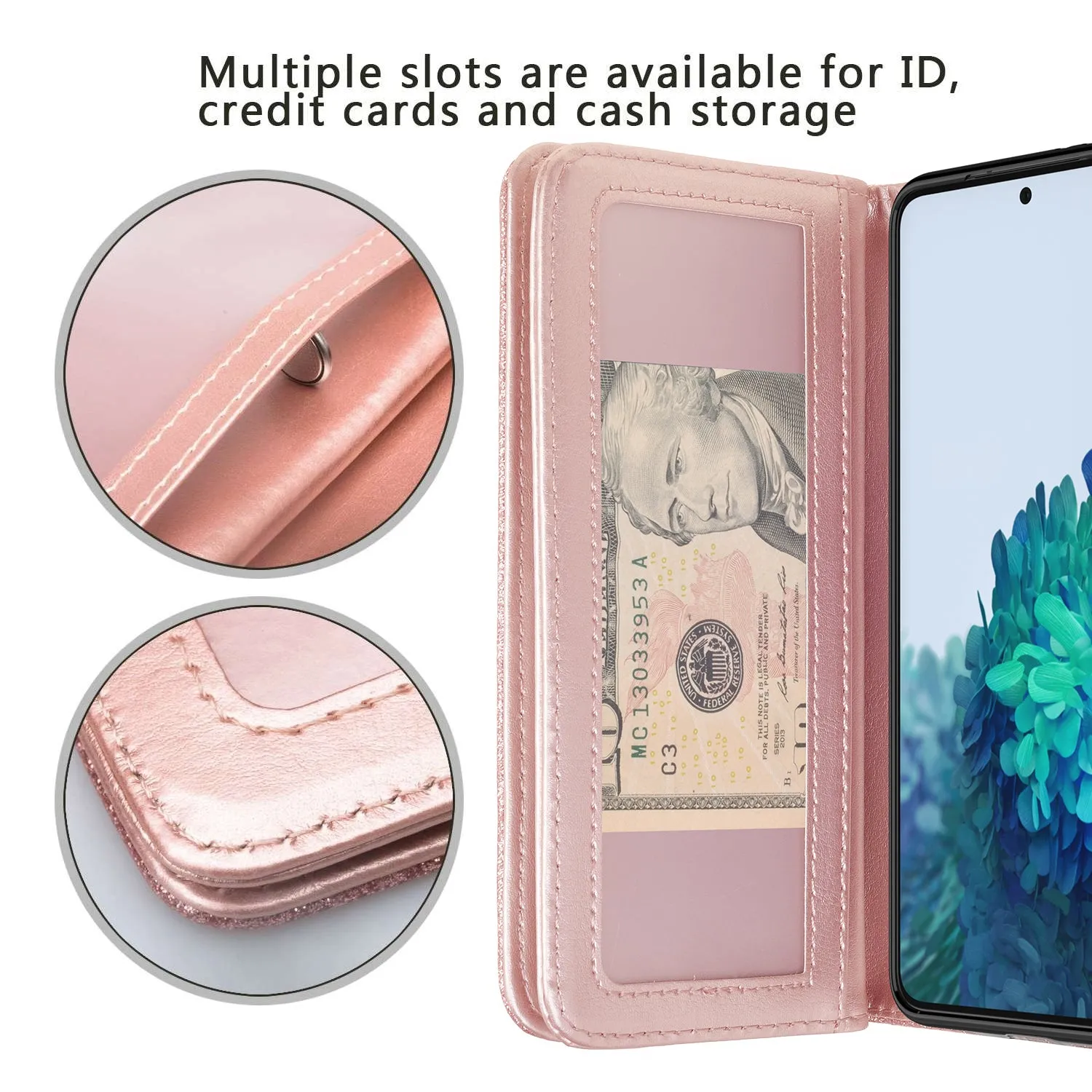 Samsung Galaxy S21 Case, Galaxy S21 Case, Glitter Faux Leather Flip Credit Card Holder Wrist Strap Shockproof Protective Wallet Case Clutch for Galaxy S21 - Rose Gold