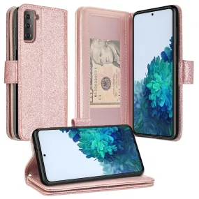 Samsung Galaxy S21 Case, Galaxy S21 Case, Glitter Faux Leather Flip Credit Card Holder Wrist Strap Shockproof Protective Wallet Case Clutch for Galaxy S21 - Rose Gold