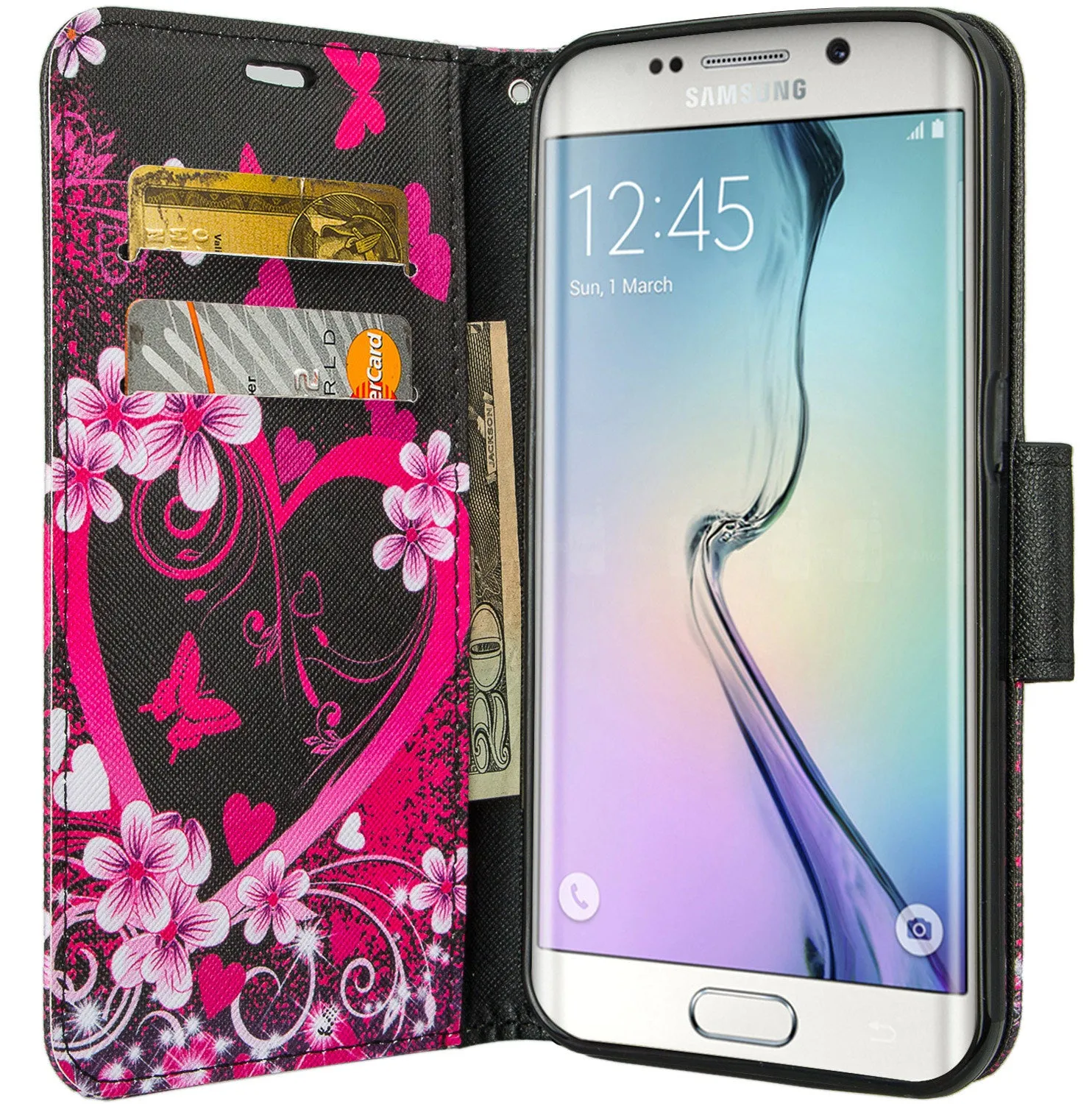 Samsung Galaxy S7 Edge Wallet Case, Wrist Strap Pu Leather Magnetic Flip Fold[Kickstand] with ID & Card Slots for Galaxy S7 Edge -Heart Butterflies