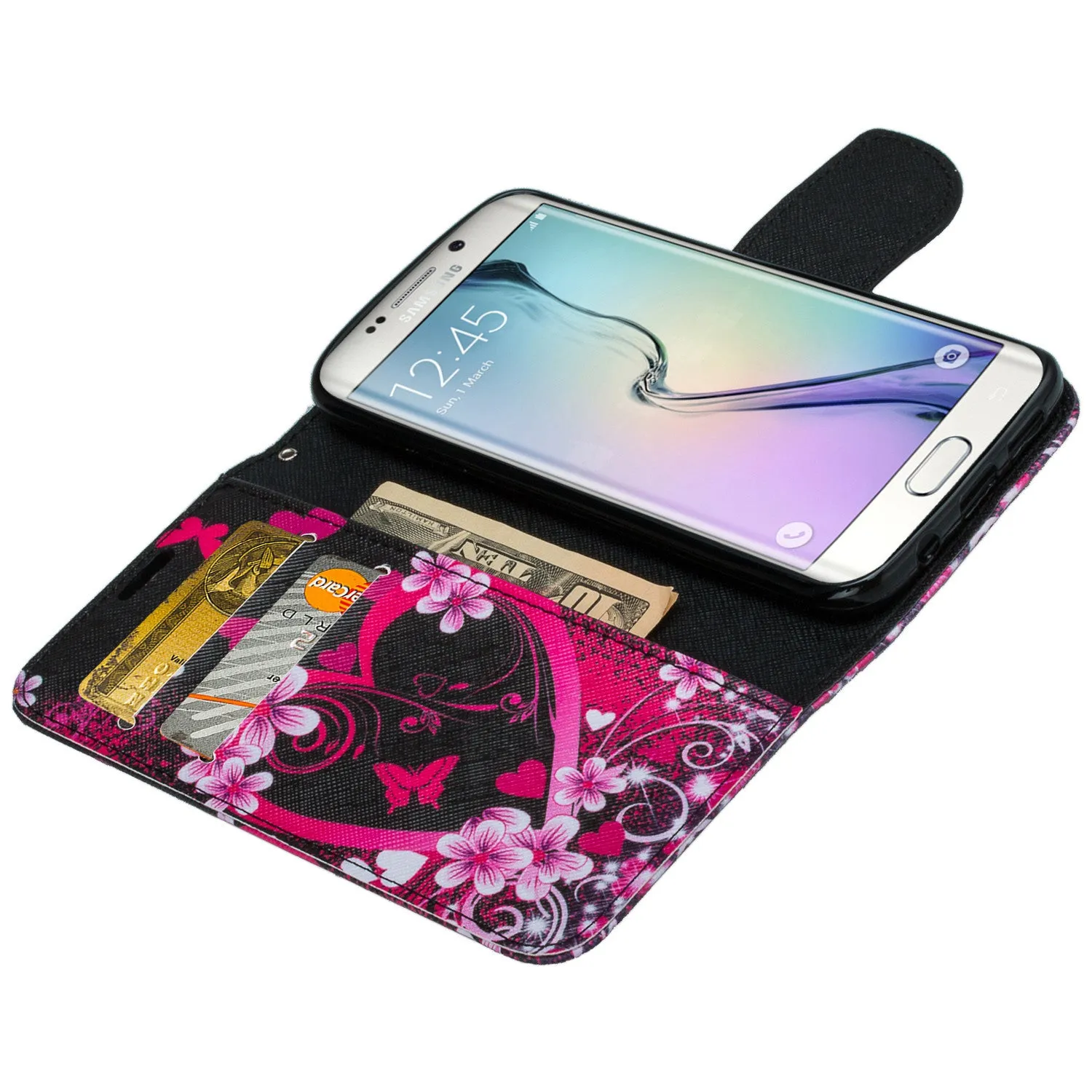 Samsung Galaxy S7 Edge Wallet Case, Wrist Strap Pu Leather Magnetic Flip Fold[Kickstand] with ID & Card Slots for Galaxy S7 Edge -Heart Butterflies