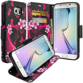 Samsung Galaxy S7 Edge Wallet Case, Wrist Strap Pu Leather Magnetic Flip Fold[Kickstand] with ID & Card Slots for Galaxy S7 Edge -Heart Butterflies