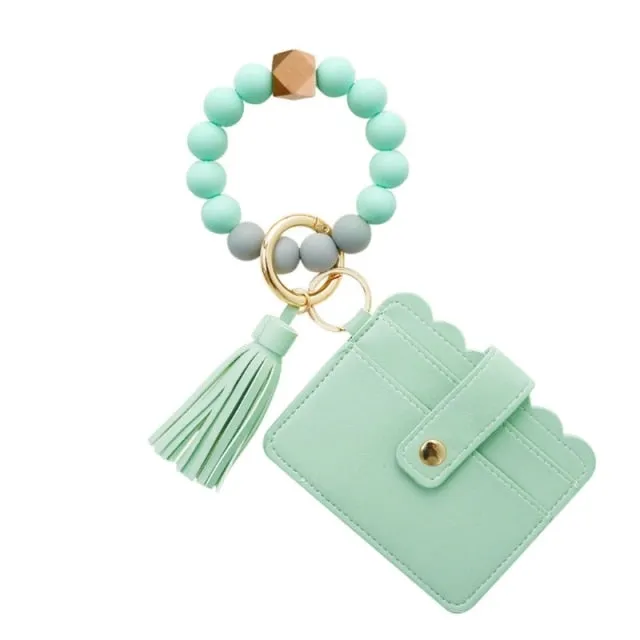 Silicone Beaded Tassel Bracelet Wristlet Bangle Keychain With Card Holder Wallet