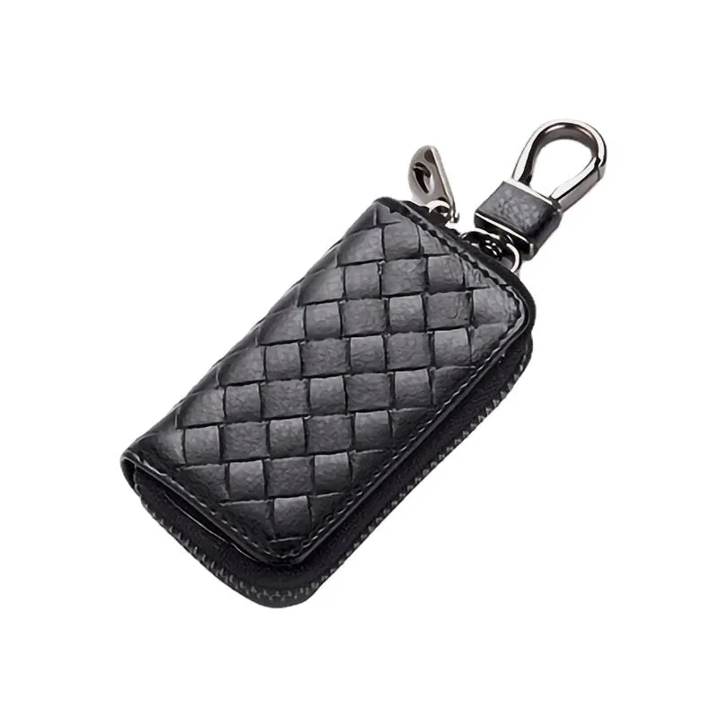 Unsiex Genuine Leather Double Zipper Hanging Woven Pattern Car Key Case Holder Keychain Wallet