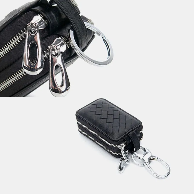 Unsiex Genuine Leather Double Zipper Hanging Woven Pattern Car Key Case Holder Keychain Wallet