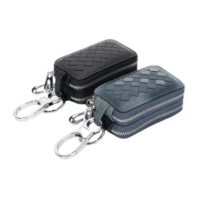 Unsiex Genuine Leather Double Zipper Hanging Woven Pattern Car Key Case Holder Keychain Wallet