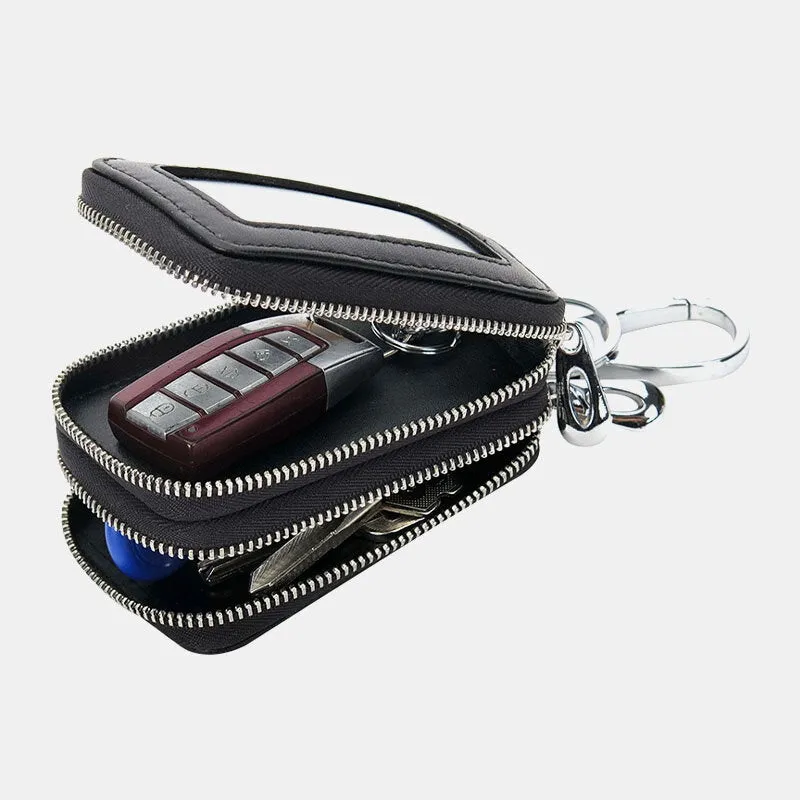 Unsiex Genuine Leather Double Zipper Hanging Woven Pattern Car Key Case Holder Keychain Wallet