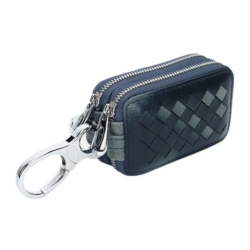 Unsiex Genuine Leather Double Zipper Hanging Woven Pattern Car Key Case Holder Keychain Wallet